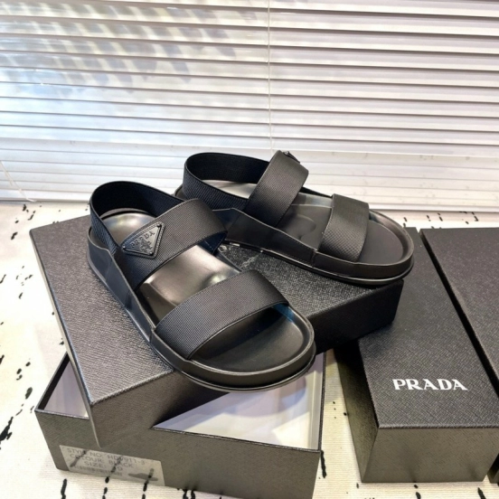 2025 Men Prada Black Fabric Sandals Original Sole KFY00230