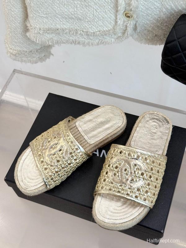 2025 Women Chanel Beige Custom Material Rope Sole Slippers Big CC Hollow Weave KFY00240