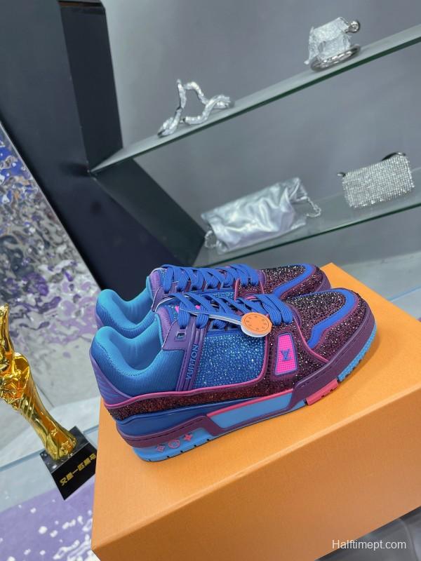 2025 Women Louis Vuitton Blue Purple Leather Fabric Plimsolls Handcrafted Rhinestones AS00400