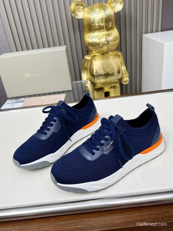 2025 Unisex Santoni Navy Orange Wool Blend Knit Sneakers AS00320