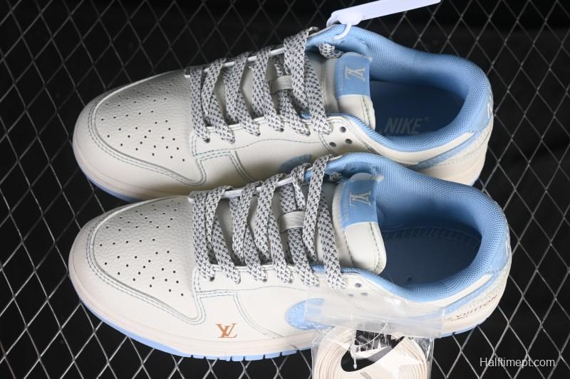Nike SB Dunk Low LV Collaboration Off-White Ice Blue Gold Label Anniversary High-End Custom Low-Top Casual Skate Shoes - JP1628-005