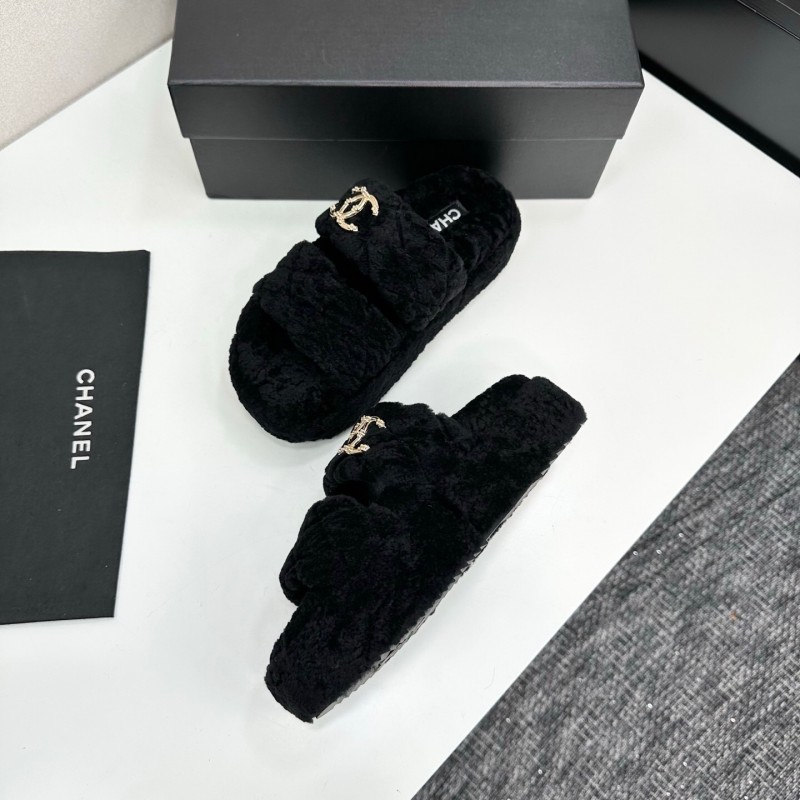 Chanel 2025 SS New Autumn Winter Lazy Sheep Genuine Wool Lazy Slippers Chanel Quilted Platform Fur Slippers - LY00300