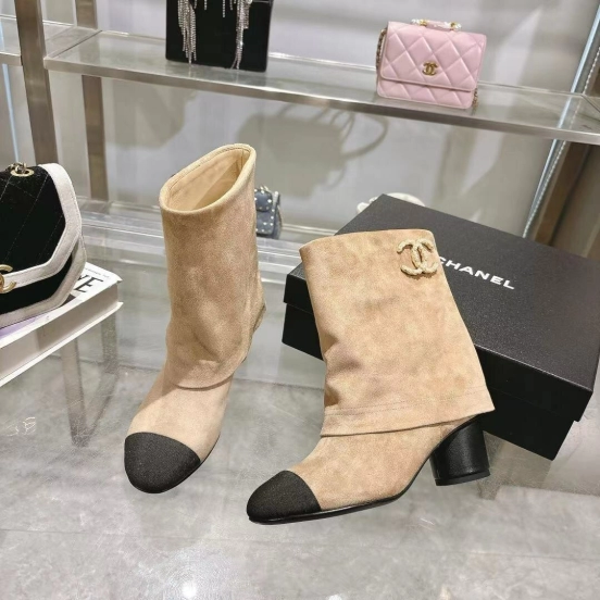 Chanel 2025/SS Coco Runway Turn-Cuff Chunky Heel Straight Tube Boots Classic Color Block - LY00400
