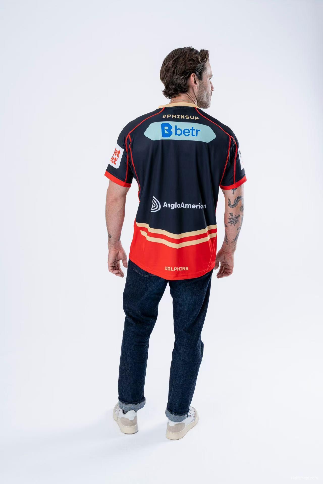 2025 Redcliffe Dolphins Red with Tonal Hoops Home Jersey