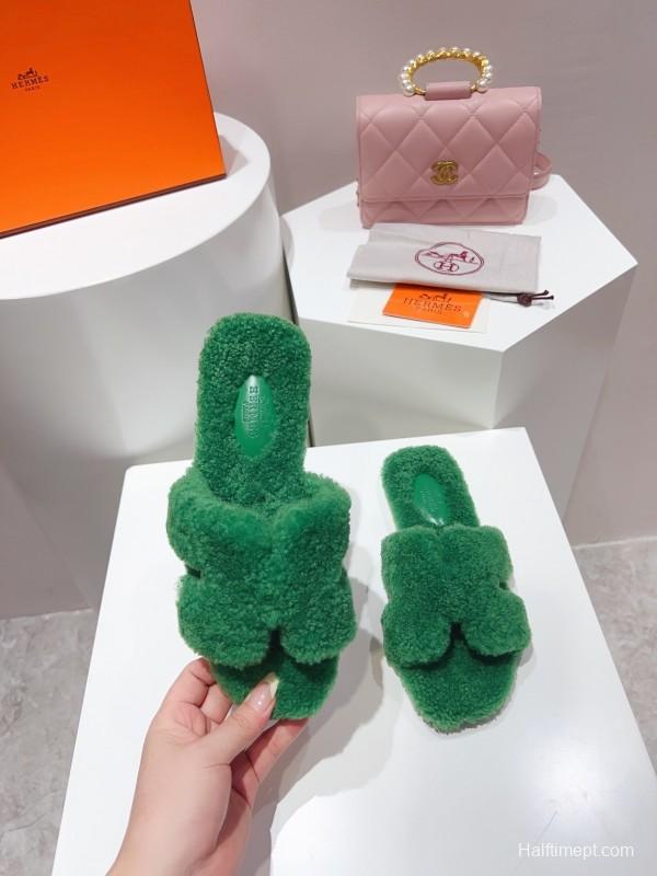 H Teddy Wool H Slippers Flat Sole Fur Slippers - LY00240