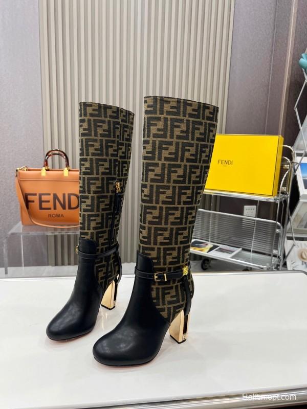 FENDI Delfina Round Toe Boots with FF Buckle and Heel Detail - LY00