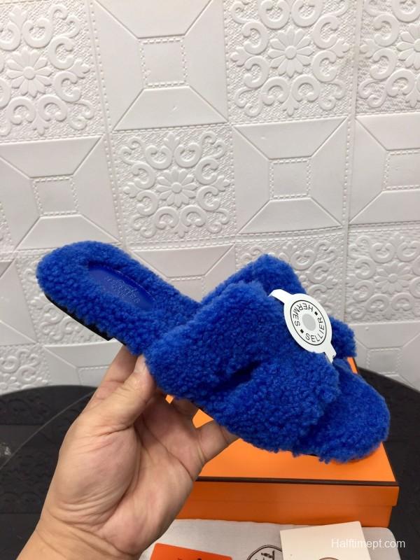 H Hermes Teddy Wool H Slippers Flat Sole Fur Slides - LY00240