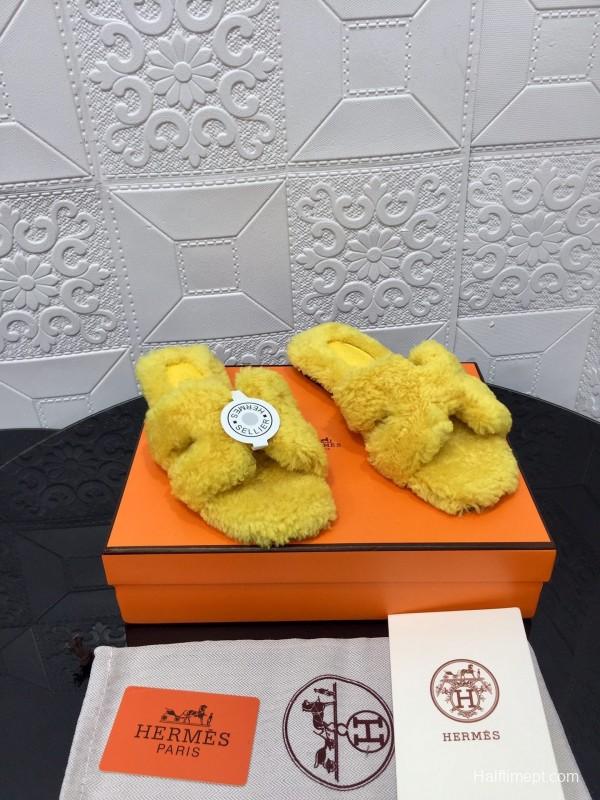 H Teddie Wool H Slippers Flat Sole Fur Slides - LY00240