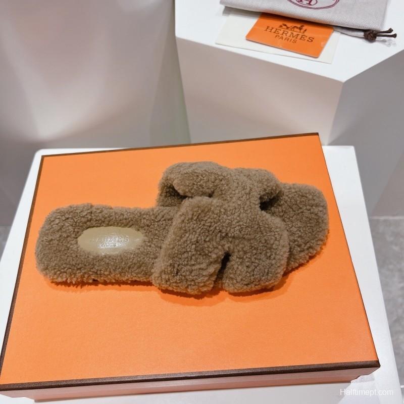 Hermès Teddy Wool H Slippers Flat Fur Slides - LY00240