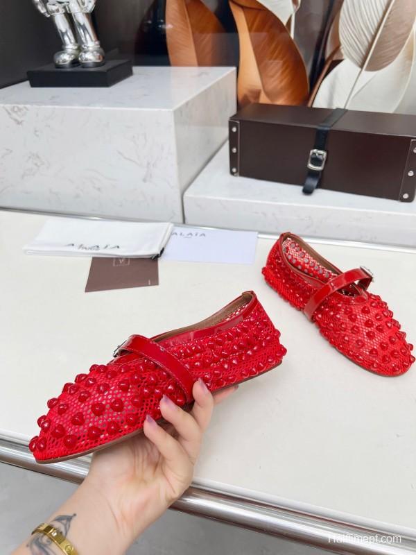 Alaia 2025/SS Beaded Openwork Ballet Dance Shoes with Mixed Lamb Leather Insole and 0.8CM Inner Height - LY00280