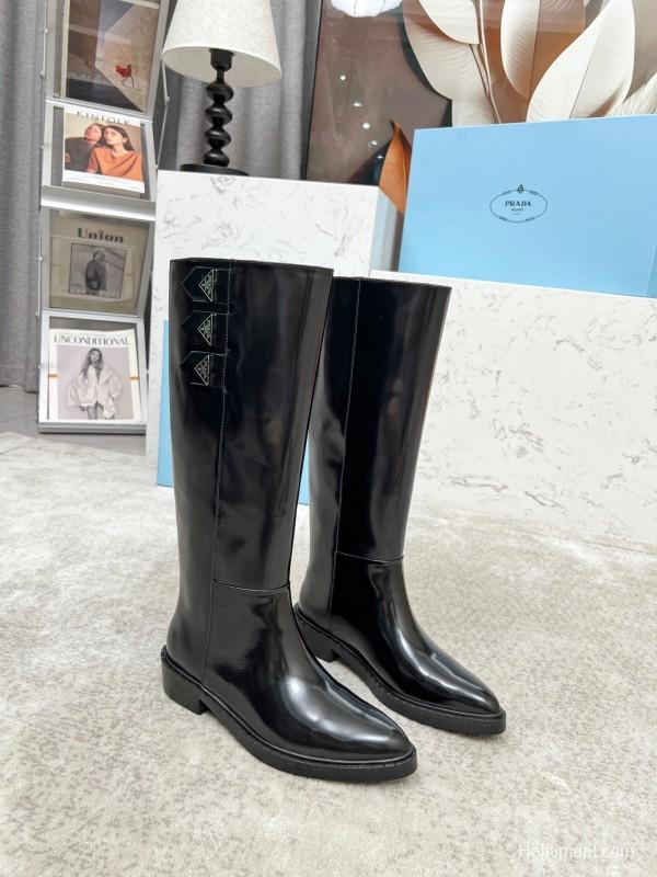 Prada Classic Triangle Logo Pointed Toe Boots - LY00400