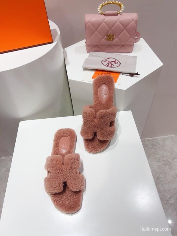 H Teddy Wool H Slippers Flat Sole Winter Edition - LY00240