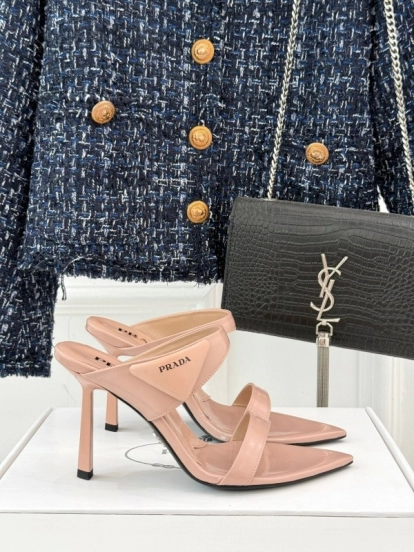 Prada Pointed Toe High Heel Sandals with Triangle Buckle - KFY00280