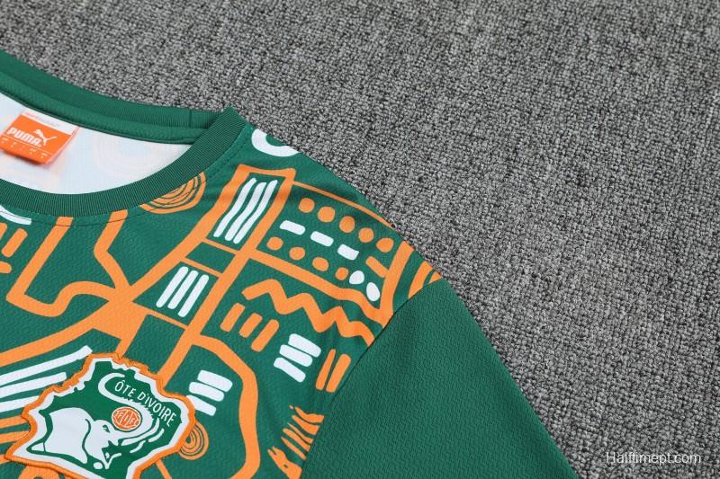 25/26 Côte d'Ivoire Green Tribal Print Short Sleeve Training Suit + Shorts