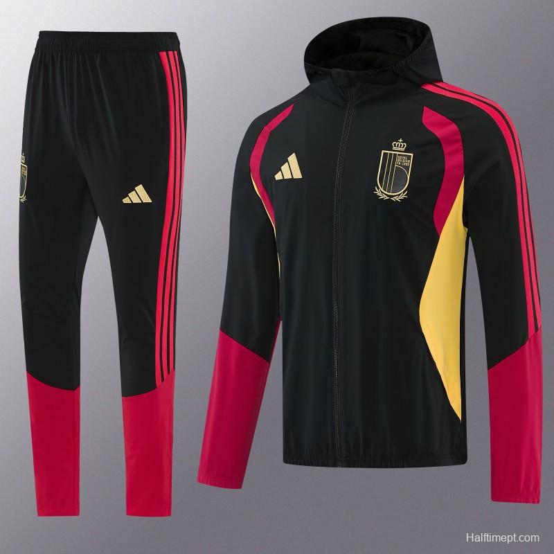 26/27 Belgium  Black Full Zipper Hooded Jacket Tracksuit + Long Pants