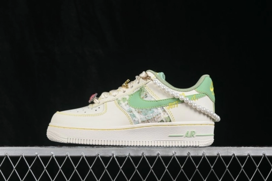 Nike Air Force 1 '07 Low Canvas Sneakers with Hand-Painted Jade Pearl Detailing - FJ7740-111