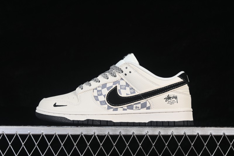 Nike Dunk Low Stussy White Black Double Check Heart Custom Skateboarding Shoes - TX1688-021