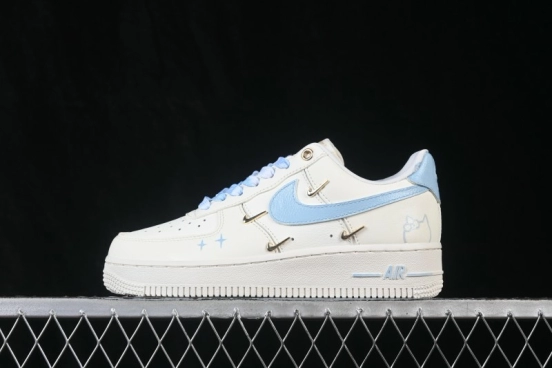 Nike Air Force 1 '07 Low 'Ocean Blue' Hand-Painted Sneakers with Diamond and Rose Motifs - FV3654-311