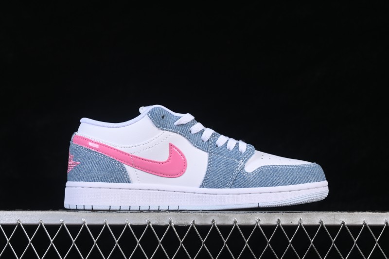 Nike Air Jordan 1 Low Basketball Lifestyle Shoes with Pastel Denim and Pink Rhinestone Swoosh - HQ2001-400