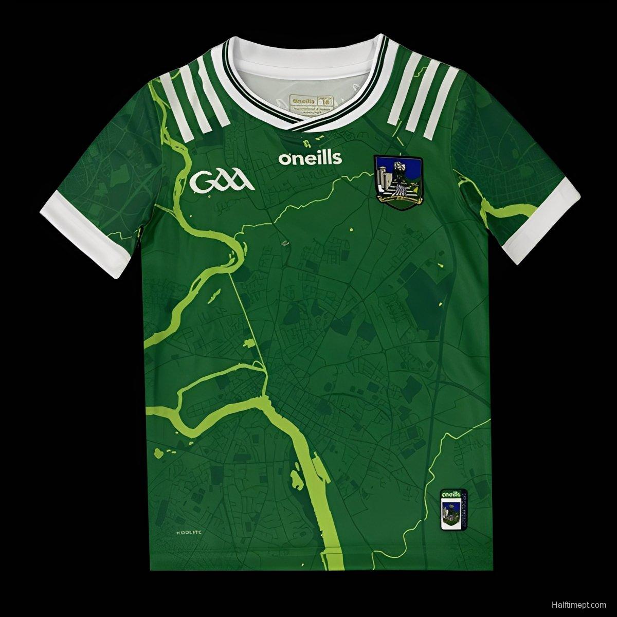 25/26 Kids Limerick GAA Green with River Map Pattern Home Jersey