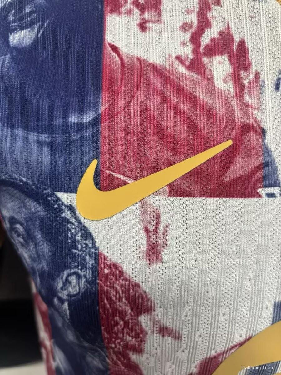 Player Version 25/26 Barcelona White with Abstract Blaugrana Brushstroke Print and Gold Trim Jersey