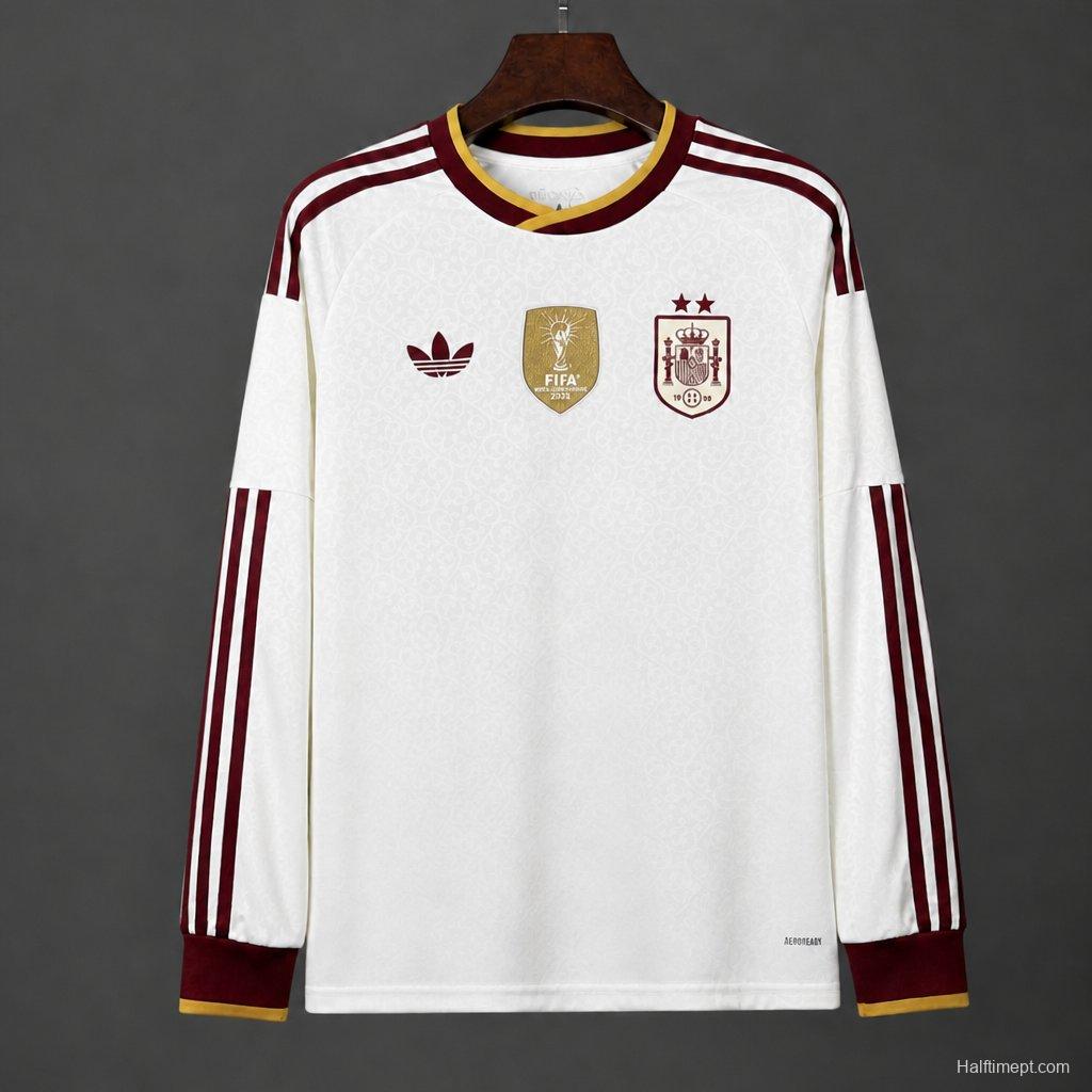2 Star 2026 Spain Away White Long Sleeve Jersey With Champion Patch