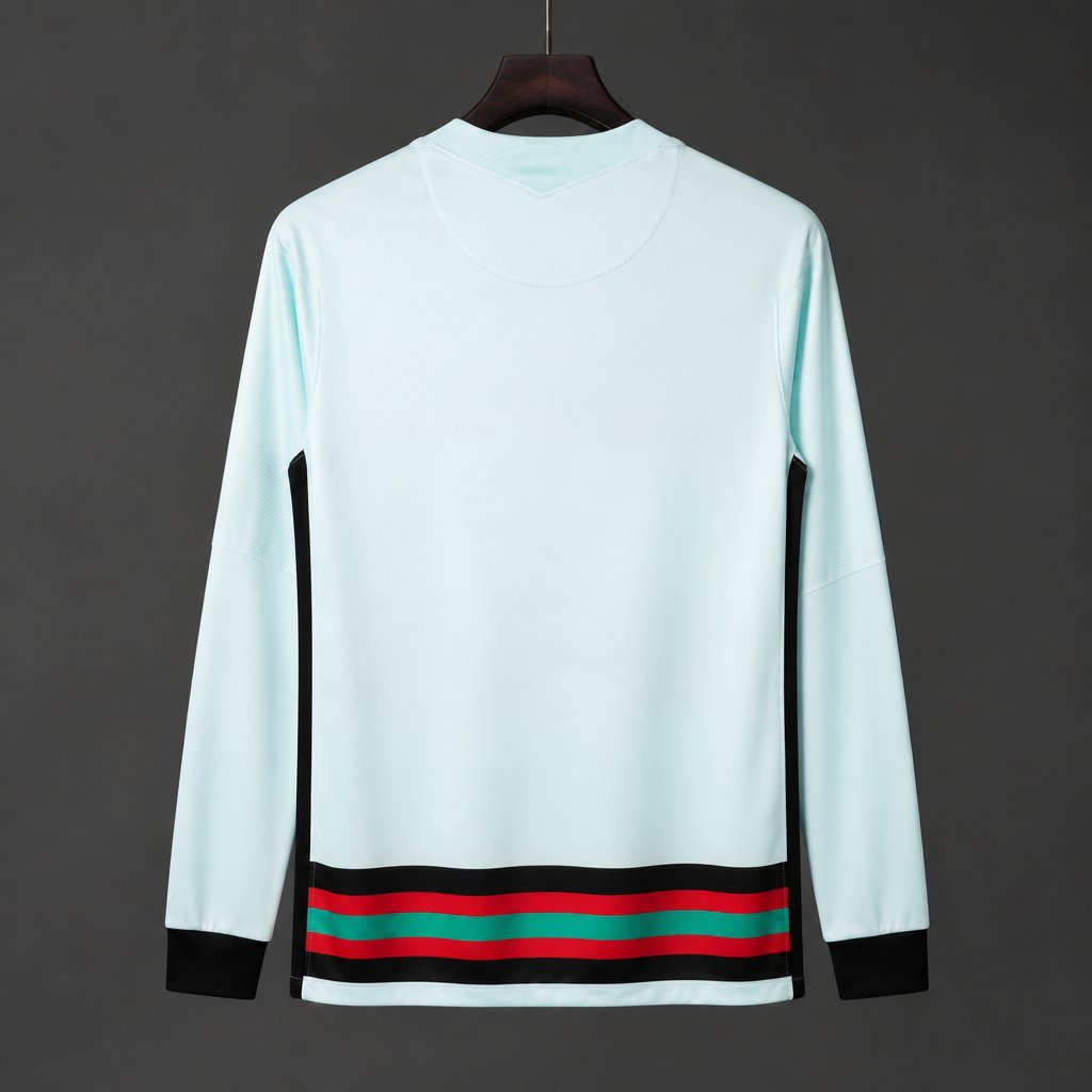 Retro 2020 Portugal Mint Green with Red Stripes Away Long Sleeve Jersey