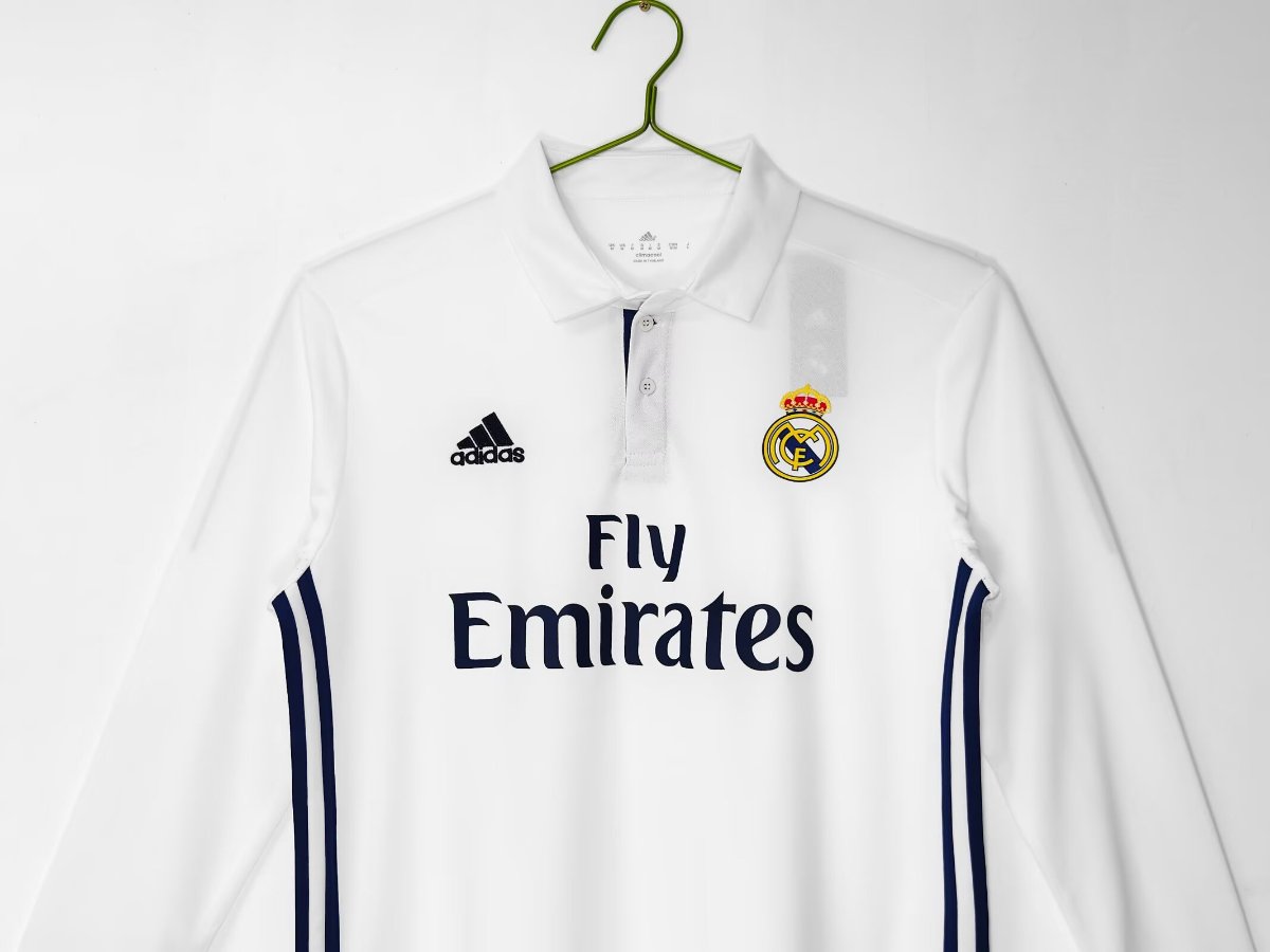 Retro 16/17 Real Madrid White with Navy Blue Stripes Home Long Sleeve Jersey