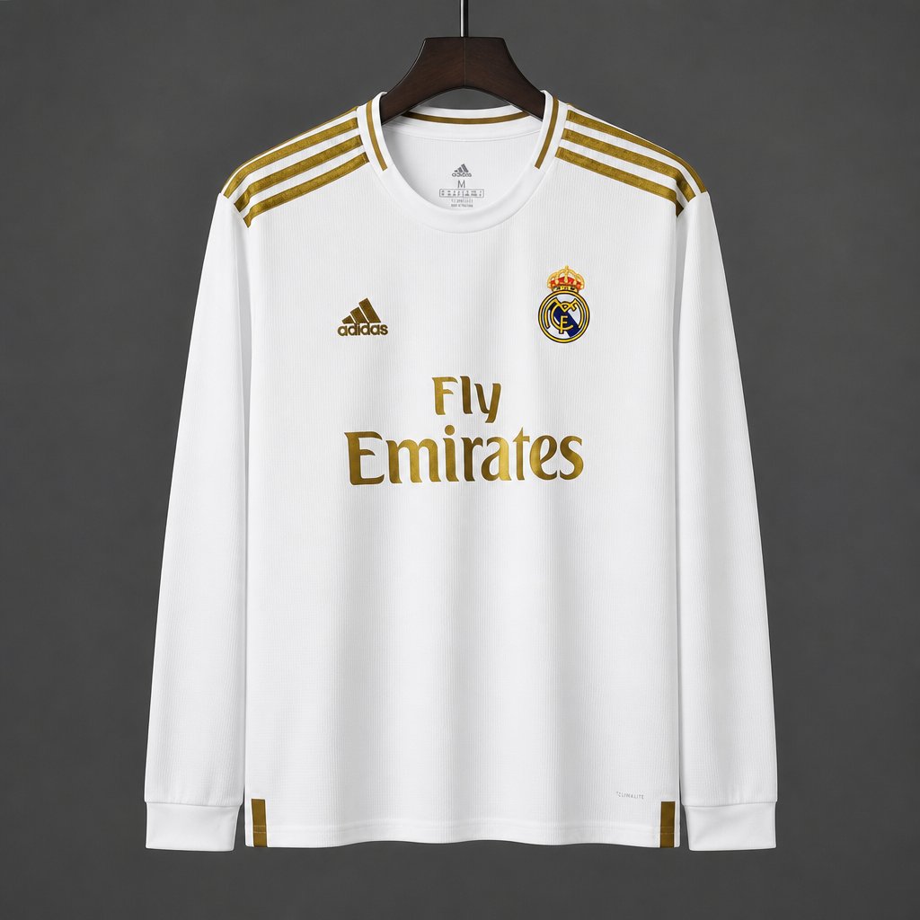 Retro 19/20 Real Madrid White with Gold Stripes Home Long Sleeve Jersey