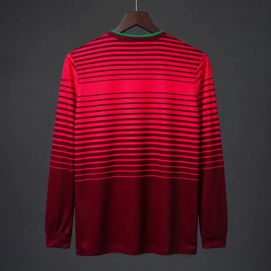 Retro 2014 Portugal Home Red with Dark  Stripes Long Sleeve Jersey